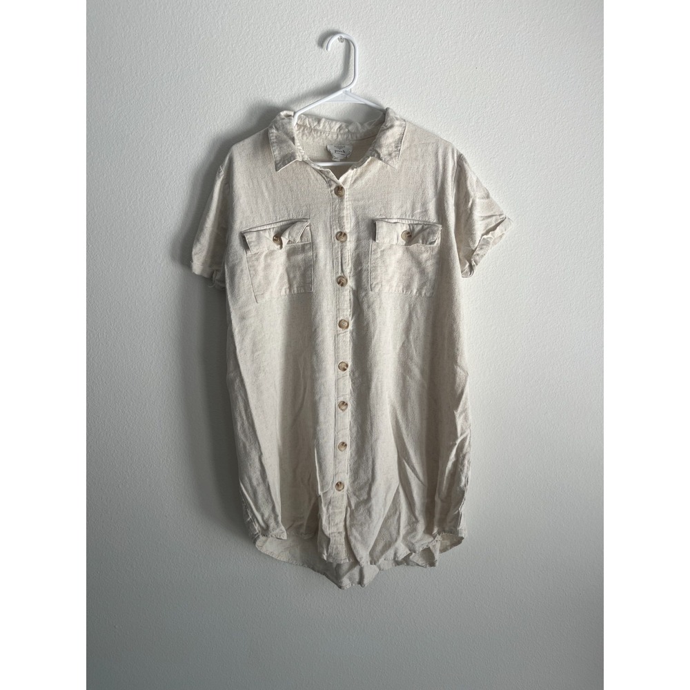 Perch by Blu Pepper Shirt Dress Womens 1X Oatmeal Pleated Button Front Casual
